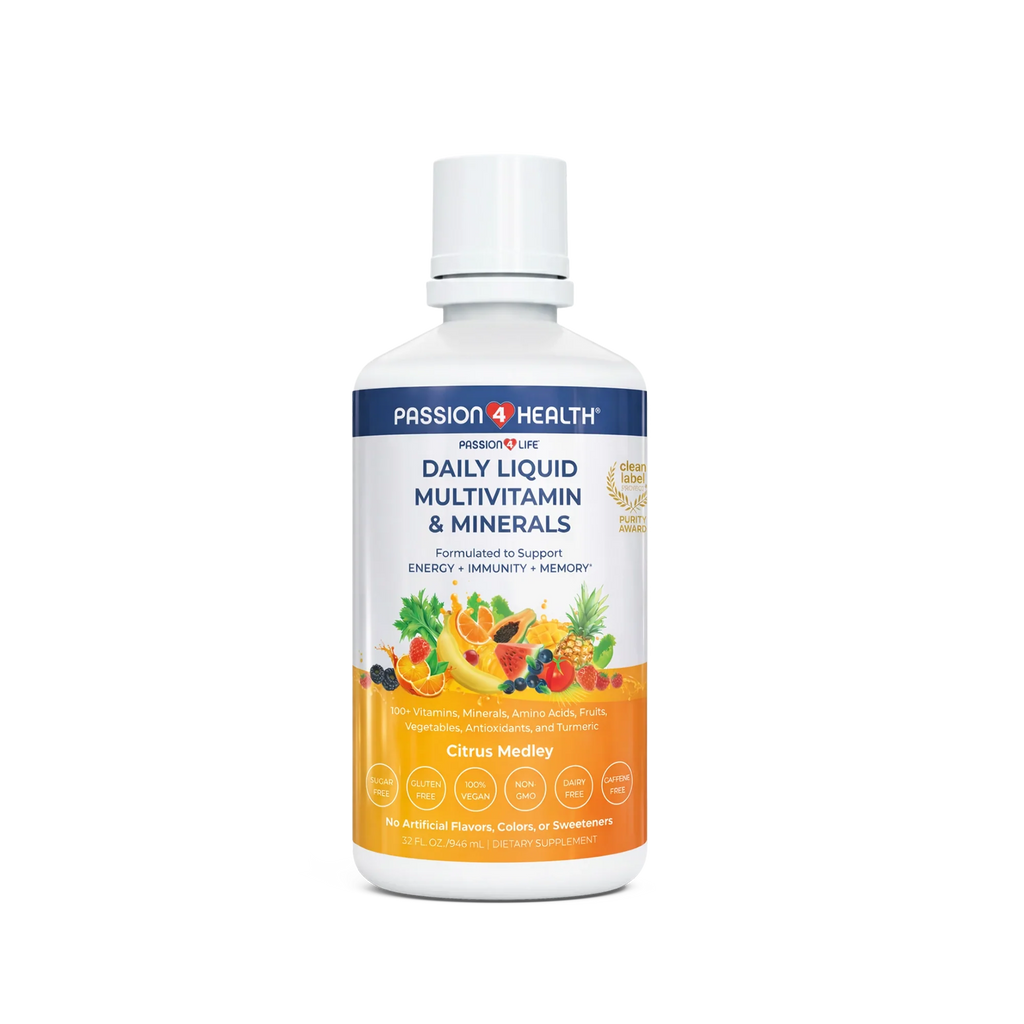 Passion 4 Health Daily Liquid Multivitamin with minerals in a 1-pack bottle, showing the colorful liquid supplement inside.