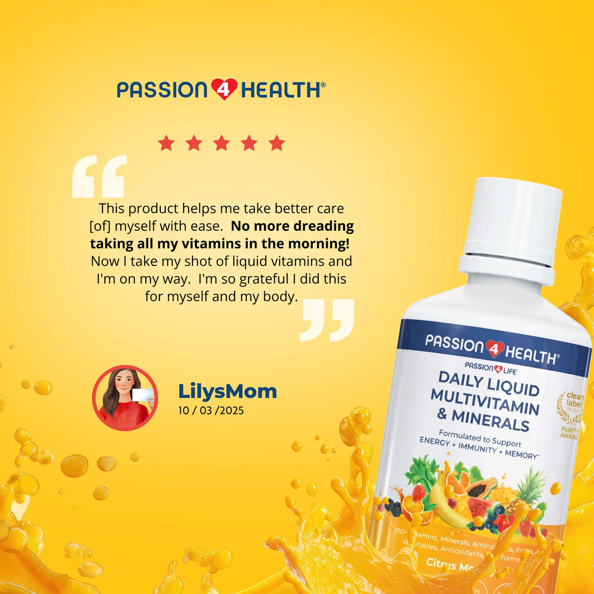 Passion 4 Health Daily Liquid Multivitamin with minerals in a 1 pack bottle, showcasing the colorful liquid supplement.