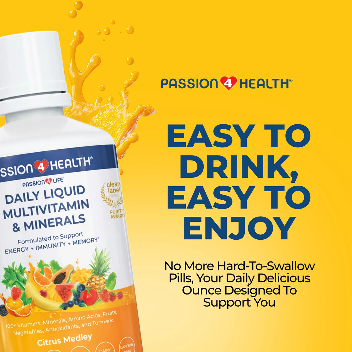 Passion 4 Health Daily Liquid Multivitamin with minerals in a 1-pack bottle, showing the colorful liquid supplement inside.