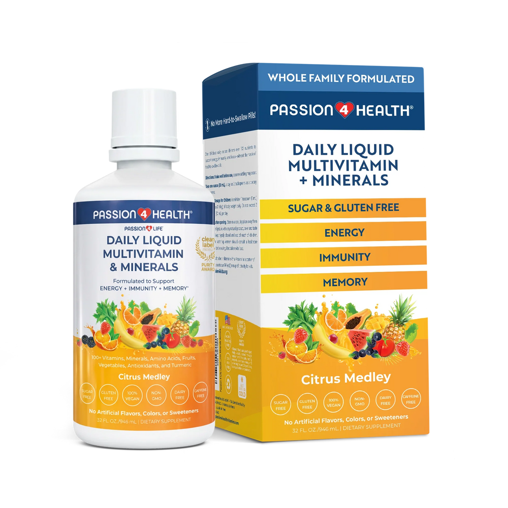 Passion 4 Health Daily Liquid Multivitamin with minerals in a 1-pack bottle, featuring vibrant liquid supplement in a clear container