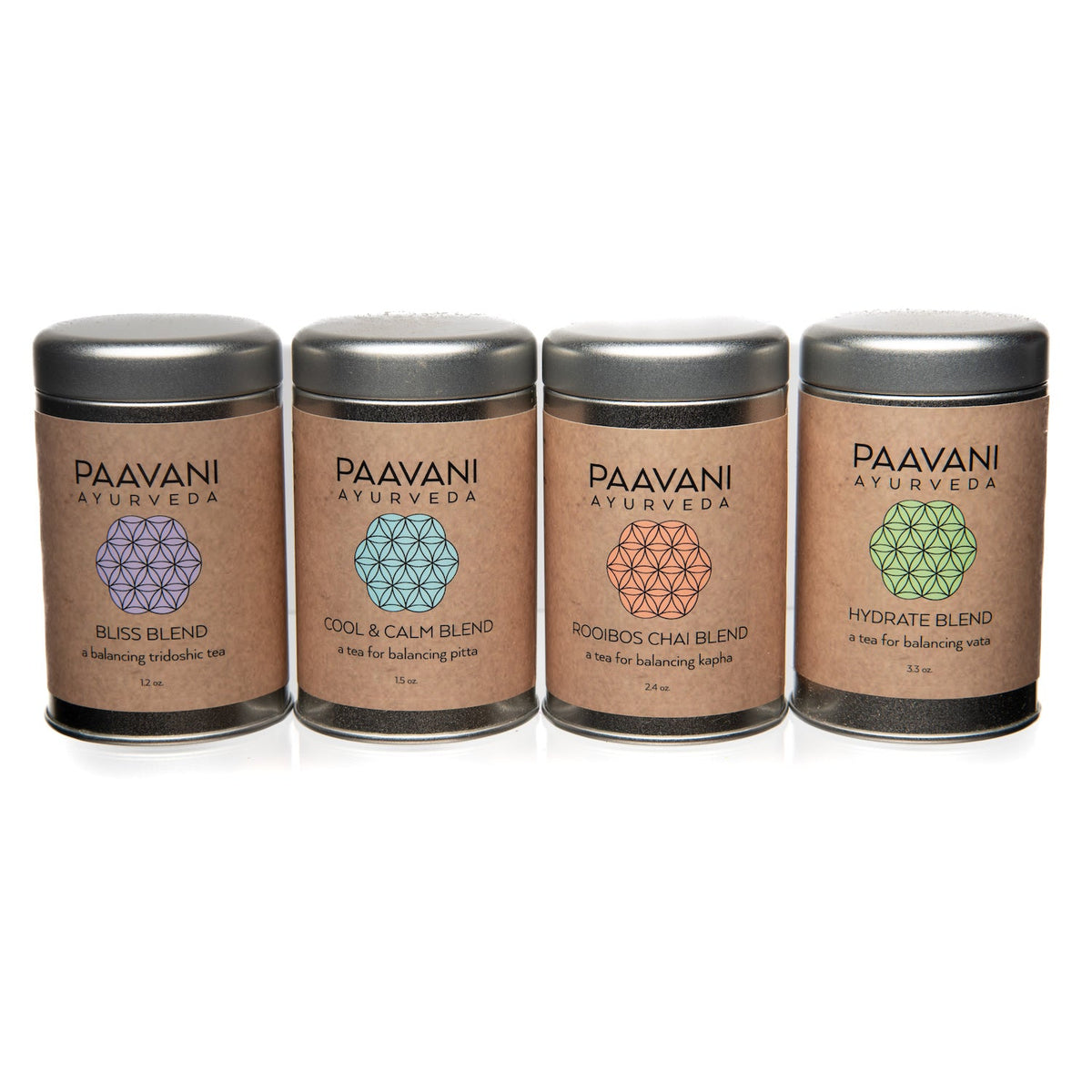 Herbal tea stack from Paavani Ayurveda Skincare and Wellness, featuring a variety of traditional Ayurvedic herbal teas in glass jars.