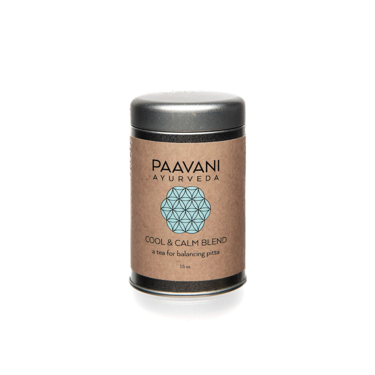 Paavani Ayurveda Cool & Calm Blend Ayurvedic tea for Pitta balance, featuring herbs in a simple tea cup on a wooden surface.