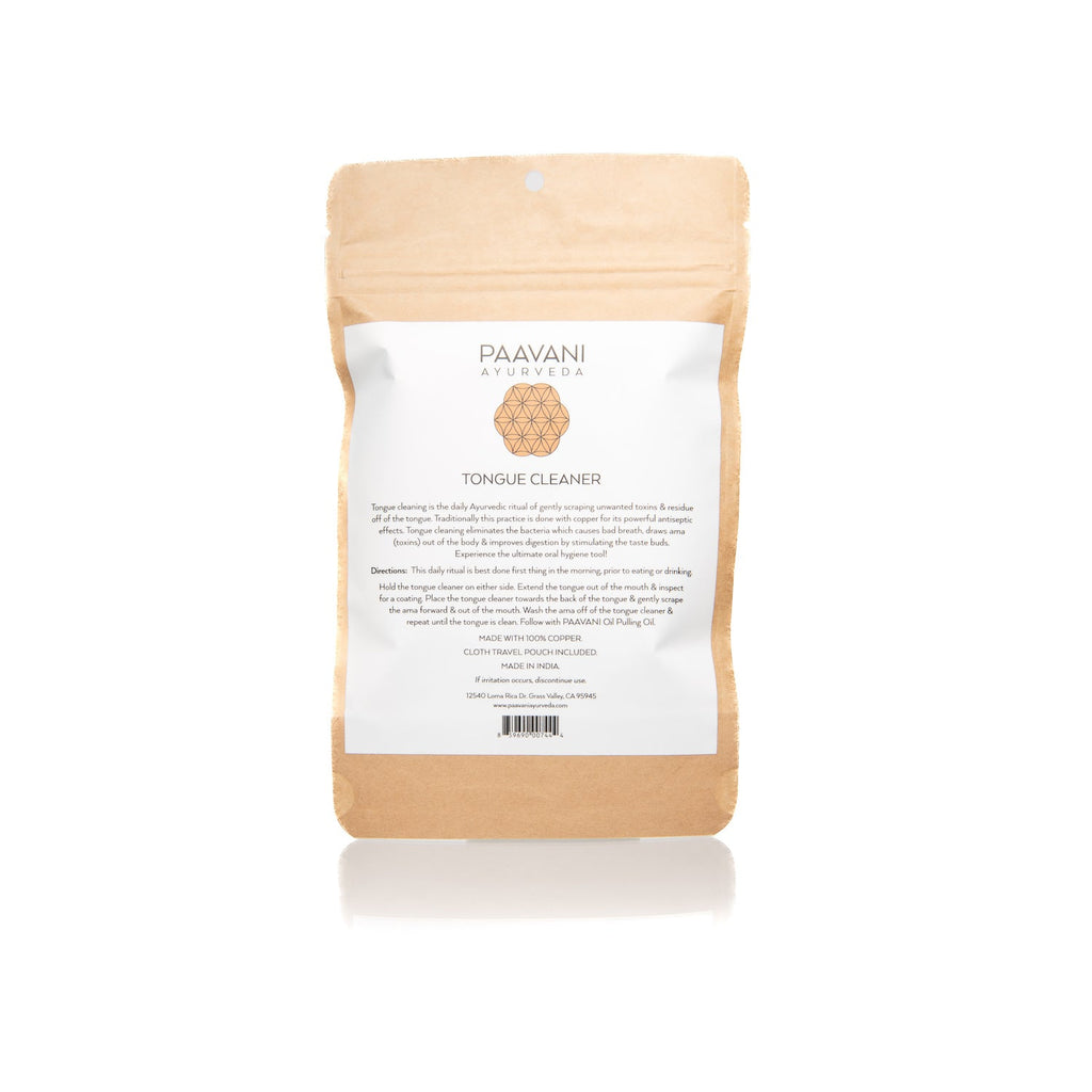 Copper tongue cleaner from Paavani Ayurveda for fresh breath and daily detox, featuring a simple design with a curved scraping edge.