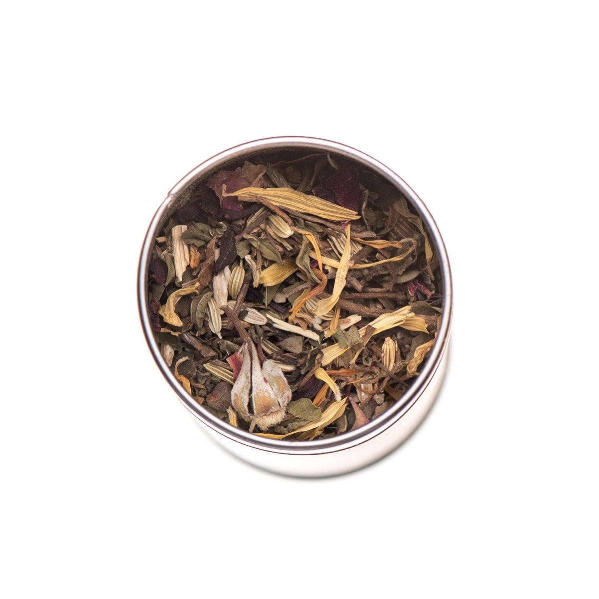 Simple image of Paavani Ayurveda Cool & Calm Blend Ayurvedic tea for Pitta balance in a clear glass cup with herbs.