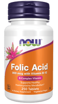 Country Life Natural Foods Folic Acid 800 mcg with Vitamin B-12 tablets, close-up of supplement bottles and tablets.