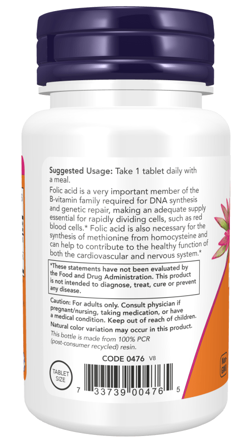 Bottle of Country Life Natural Foods Folic Acid 800 mcg with Vitamin B-12 tablets for daily supplement intake.