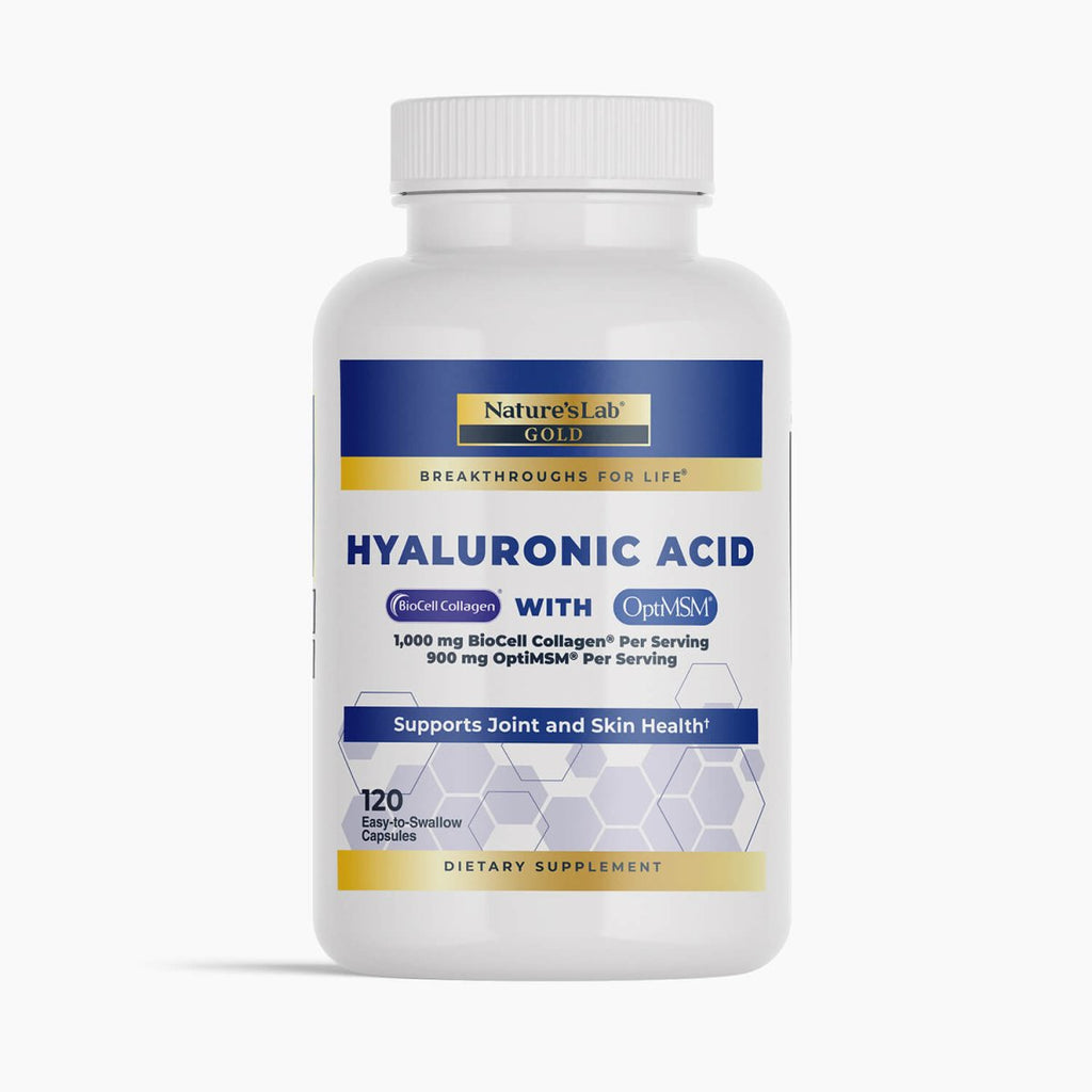 Bottle of Nature's Lab Hyaluronic Acid capsules with BioCell Collagen and OptiMSM, showing the supplement container and label.