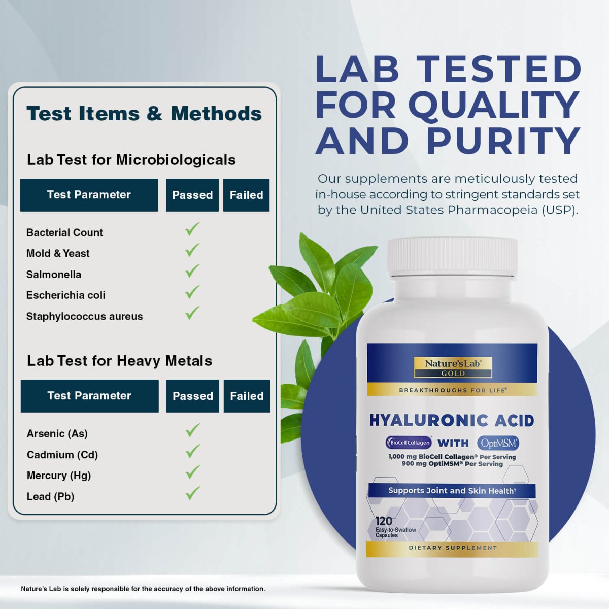 Nature's Lab Hyaluronic Acid supplement with BioCell Collagen and OptiMSM in a bottle of 120 capsules, for skin and joint health.