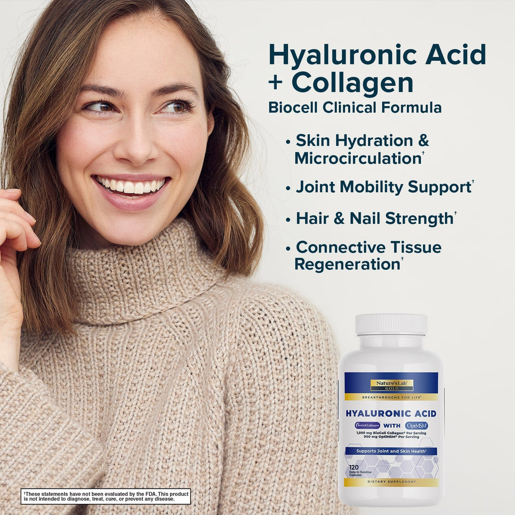 Nature's Lab Hyaluronic Acid supplement capsules with BioCell Collagen and OptiMSM for skin support and joint health.