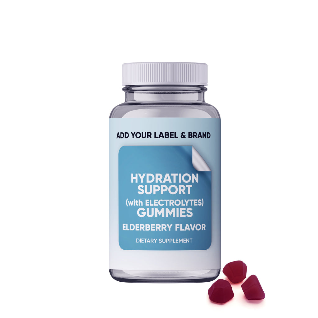 Tapioca-based hydration support supplement with electrolytes by Your Label, showing a clear, natural tapioca drink served in a glass.