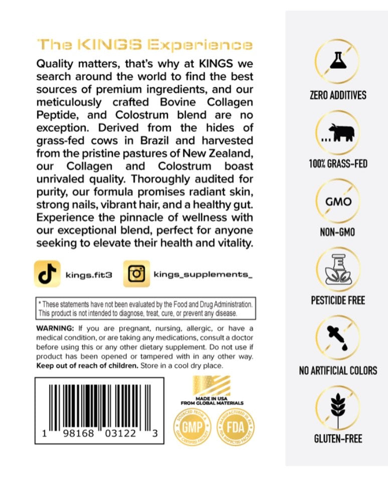 Kings Fitness Collagen and Colostrum supplement bottle, showing the label with product name and health benefits.