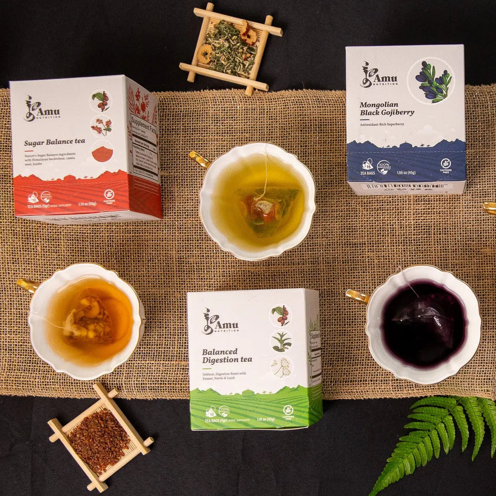 Amu 3-Tea Seasonal Discovery Kit featuring three colorful tea tins with assorted herbal and seasonal teas for wellness.