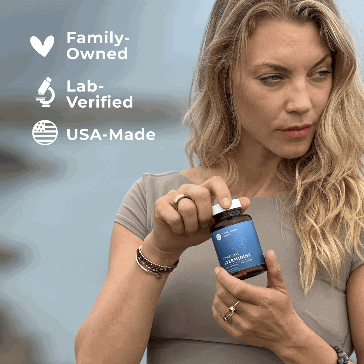Liposomal spermidine capsules by Neurogan Health, dietary supplement for cellular health, USA-made, in clear bottle with capsules visible.