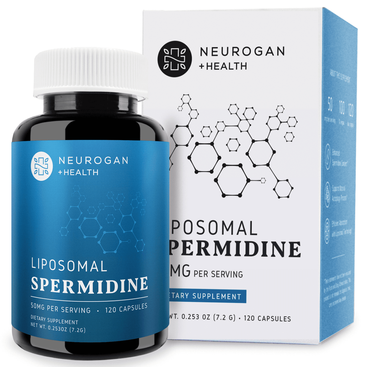 Neurogan Health liposomal spermidine capsules in a bottle and box, dietary supplements for cellular health and longevity.