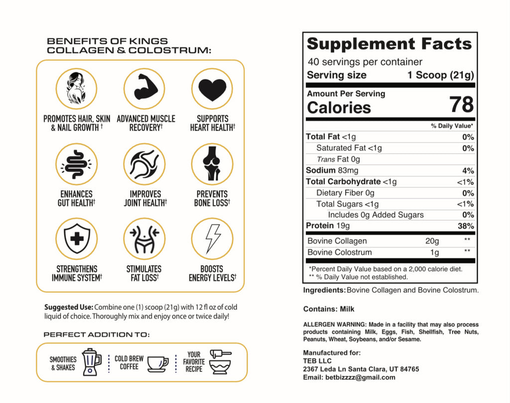Kings Fitness collagen and colostrum supplement label showing nutritional information for anti-aging and recovery blend.