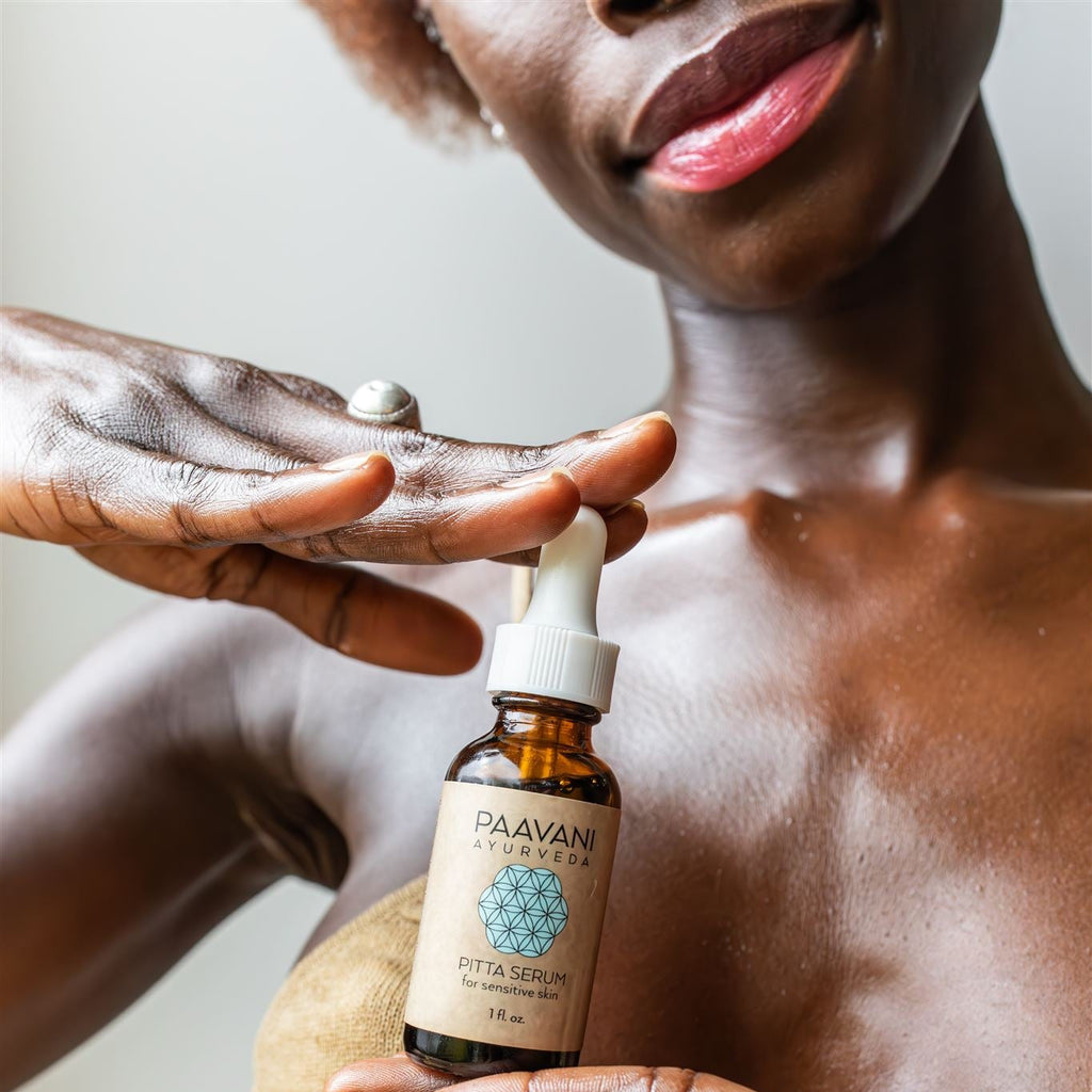 Paavani Ayurveda Pitta Serum Ayurvedic face oil for sensitive skin, featuring natural ingredients in a simple glass bottle.