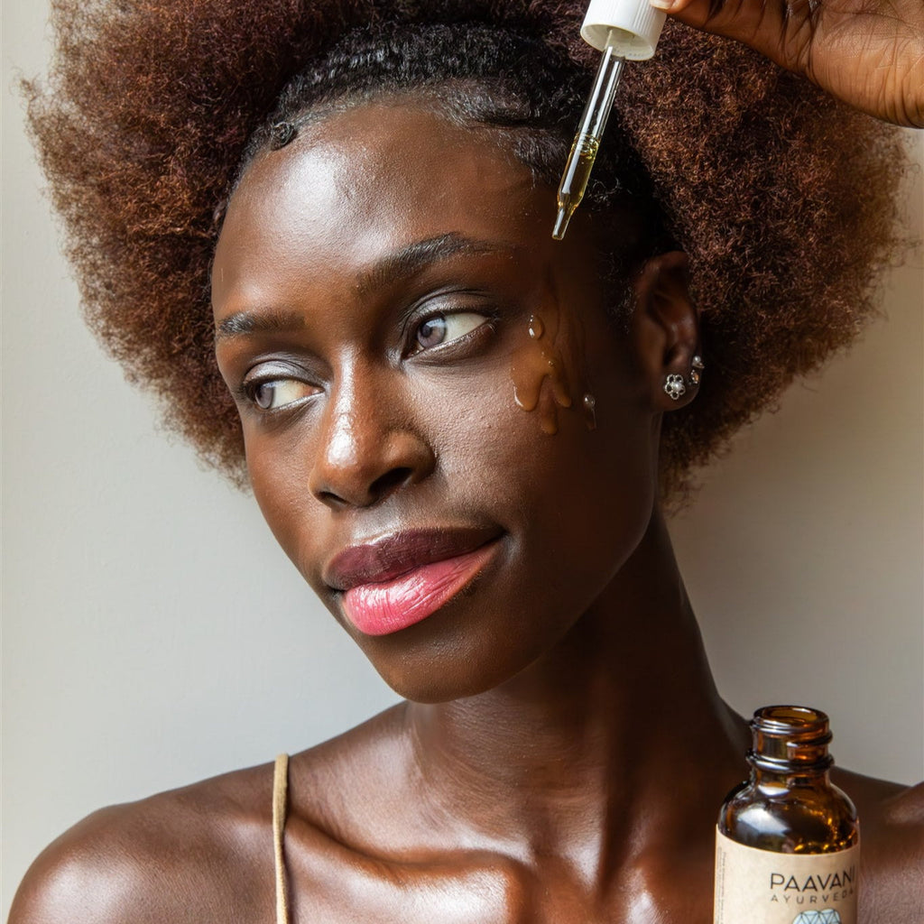 Paavani Ayurveda Clarify Serum in a glass bottle, Ayurvedic face oil for blemish-prone skin, with natural herbal ingredients visible.