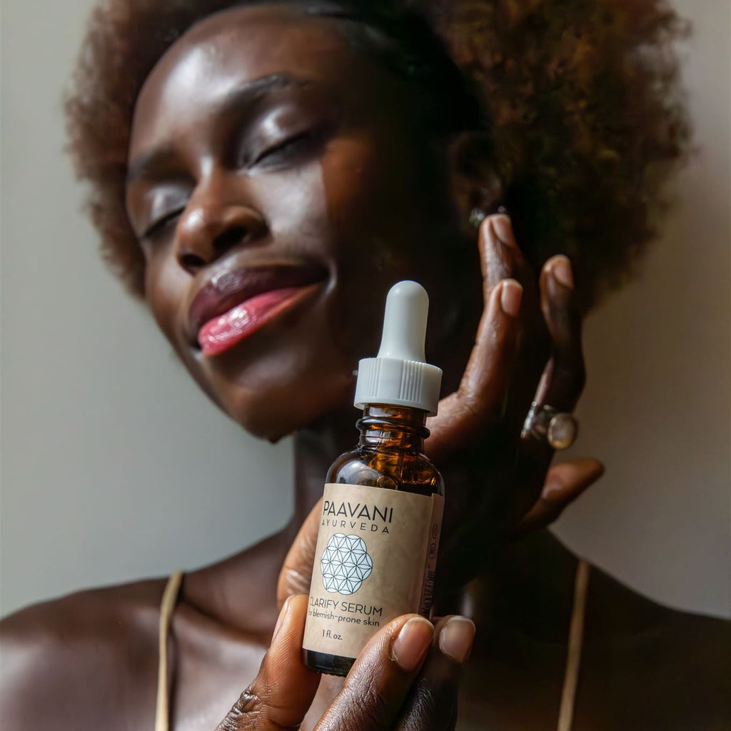 Paavani Ayurveda Clarify Serum bottle for blemish-prone skin, featuring natural Ayurvedic face oil in a simple container.