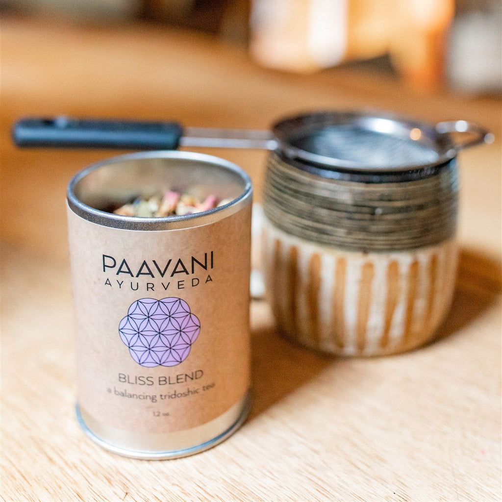 Paavani Ayurveda Bliss Blend Tridoshic tea in a simple package, designed for relaxation and harmony with natural herbal ingredients.