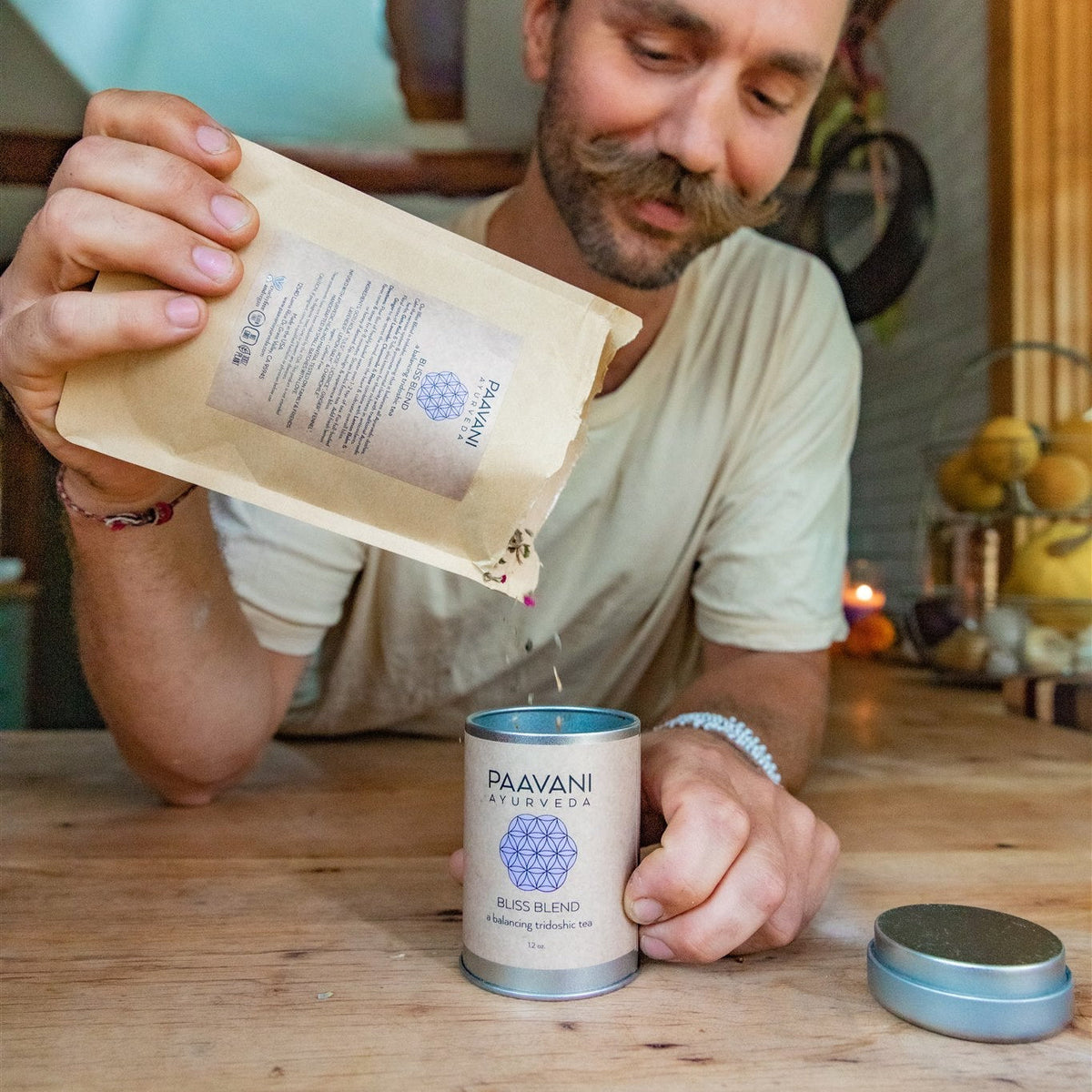 Paavani Ayurveda Bliss Blend Tridoshic Tea in a simple packaging, showcasing herbal ingredients for relaxation and harmony.