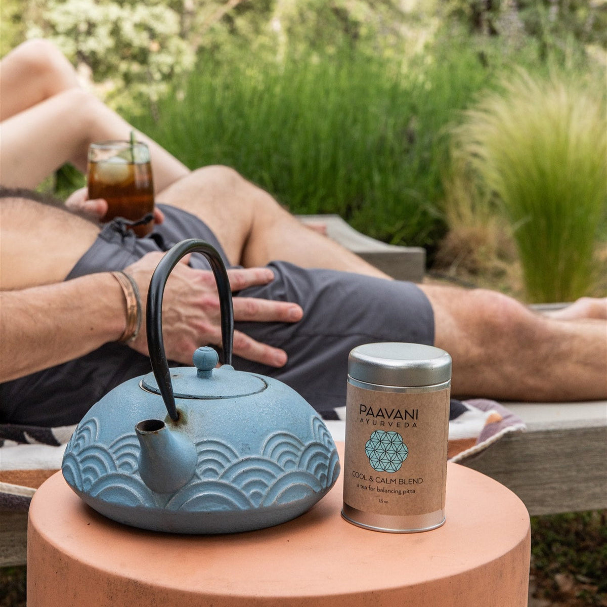 Paavani Ayurveda Cool & Calm Blend Ayurvedic tea for pitta balance, featuring calming herbs in a simple, natural presentation.