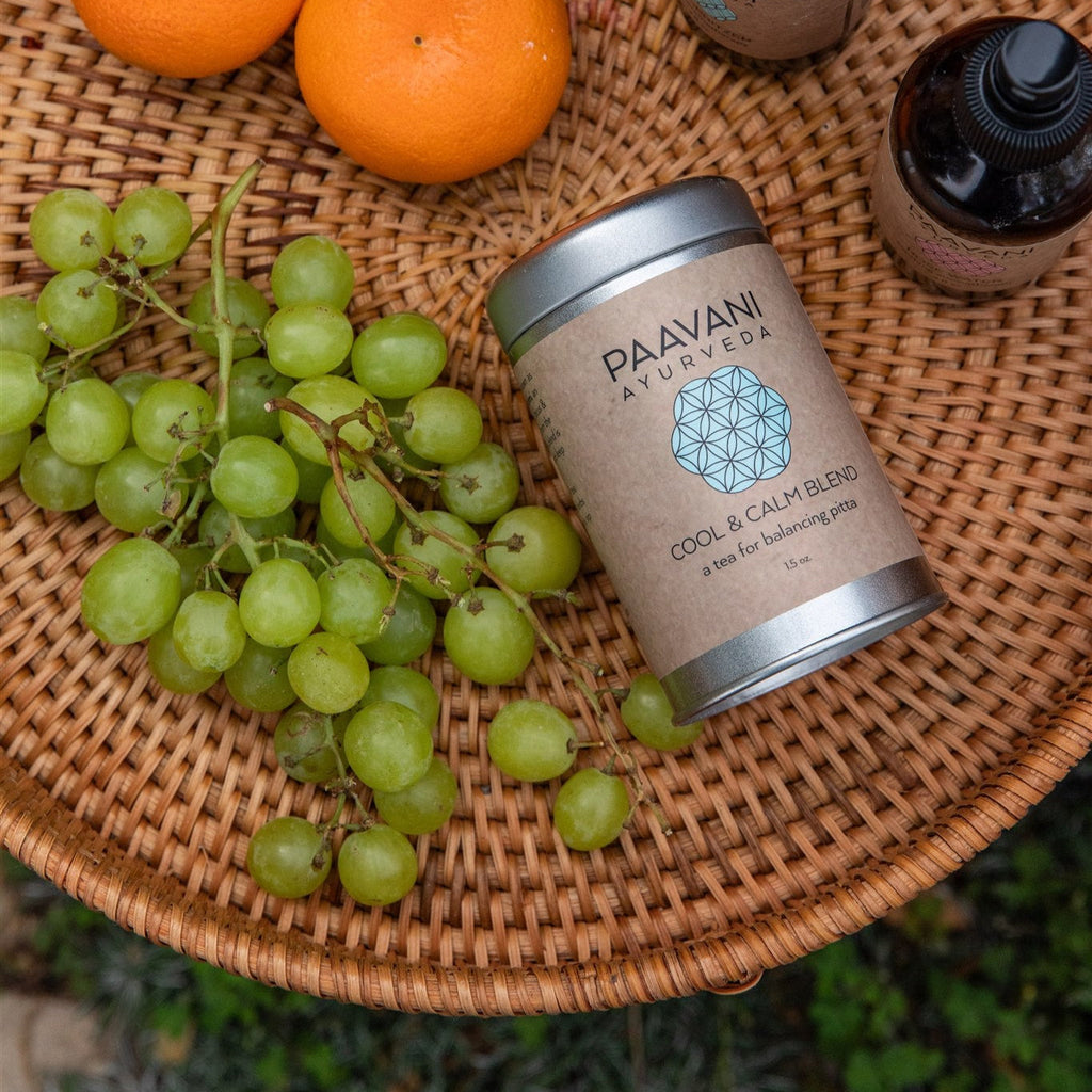 Paavani Ayurveda Cool & Calm Blend Ayurvedic tea in a simple package, designed to support Pitta balance and promote relaxation.