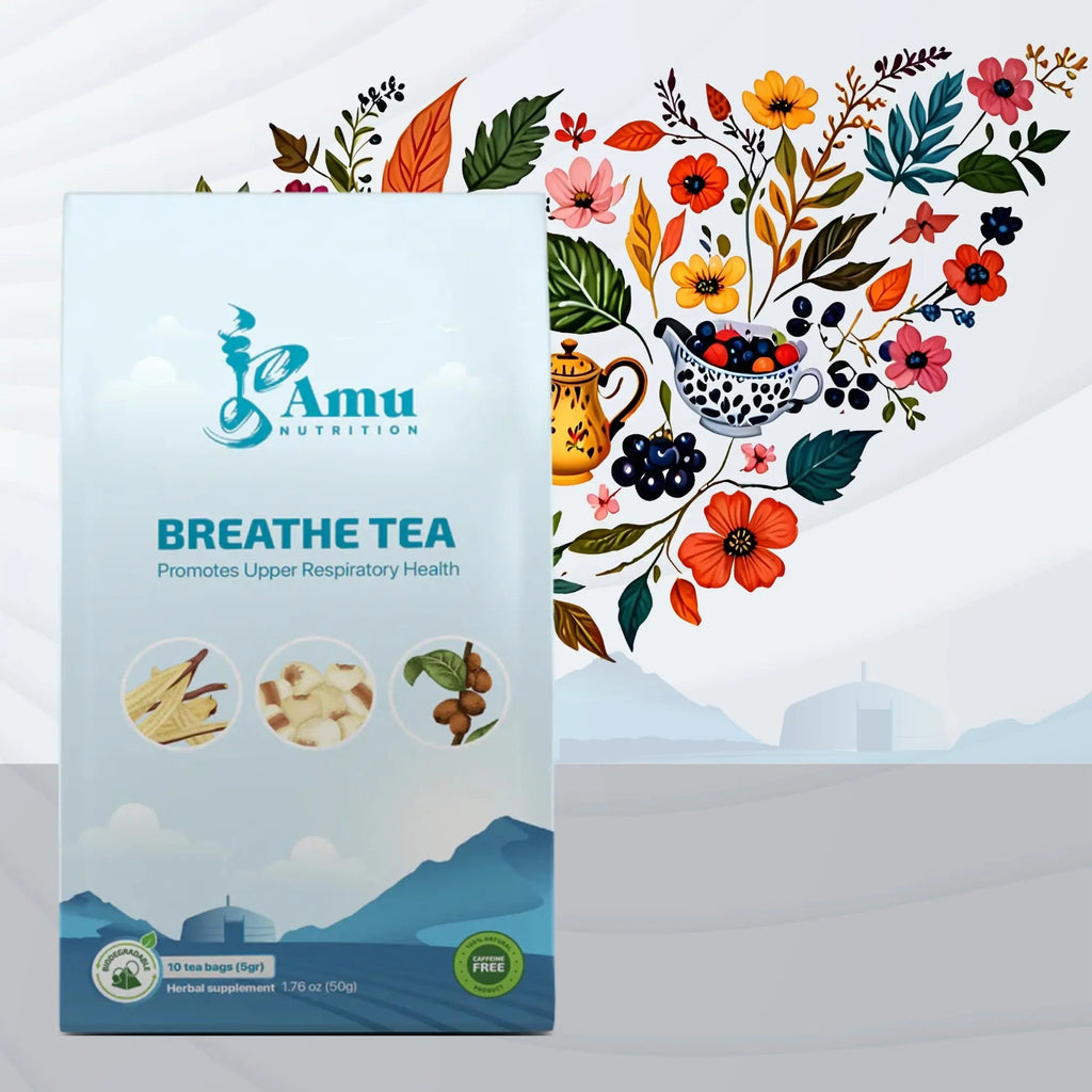 Mongolian Wellness Tea Big Box by Amu, featuring 20 sugar cane teabags with traditional and modern herbal blends.