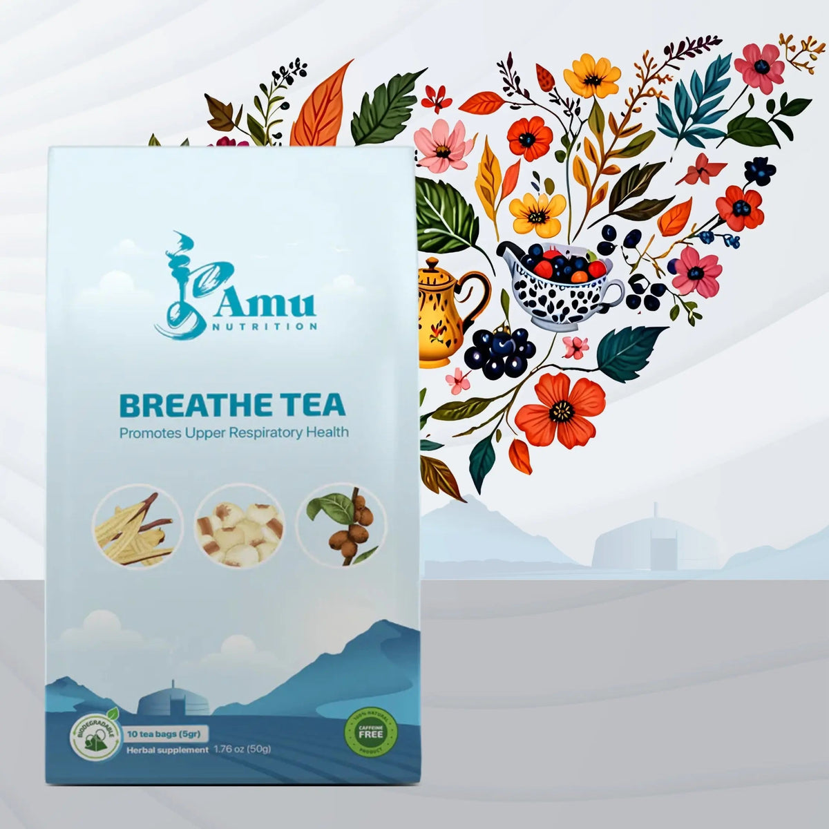 Mongolian Wellness Tea Big Box by Amu, featuring 20 sugar cane teabags with traditional and modern herbal blends.