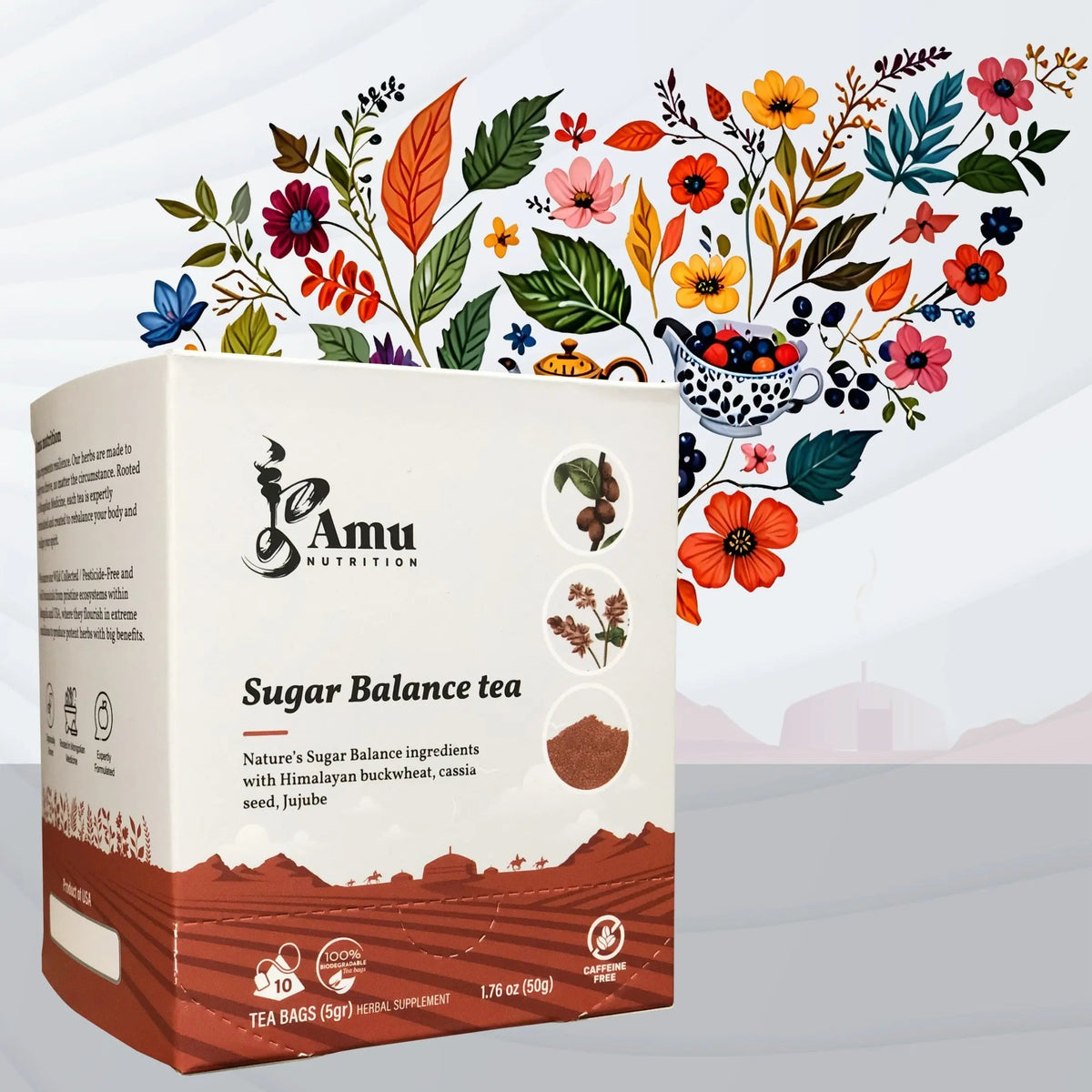 Amu Mongolian Wellness Tea box with 20 sugar cane teabags, showcasing colorful packaging and traditional herbal tea blend.