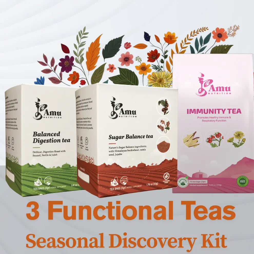 Amu 3-Tea Seasonal Discovery Kit featuring three assorted tea blends in colorful packaging, blending ancient wisdom and modern nutrition.