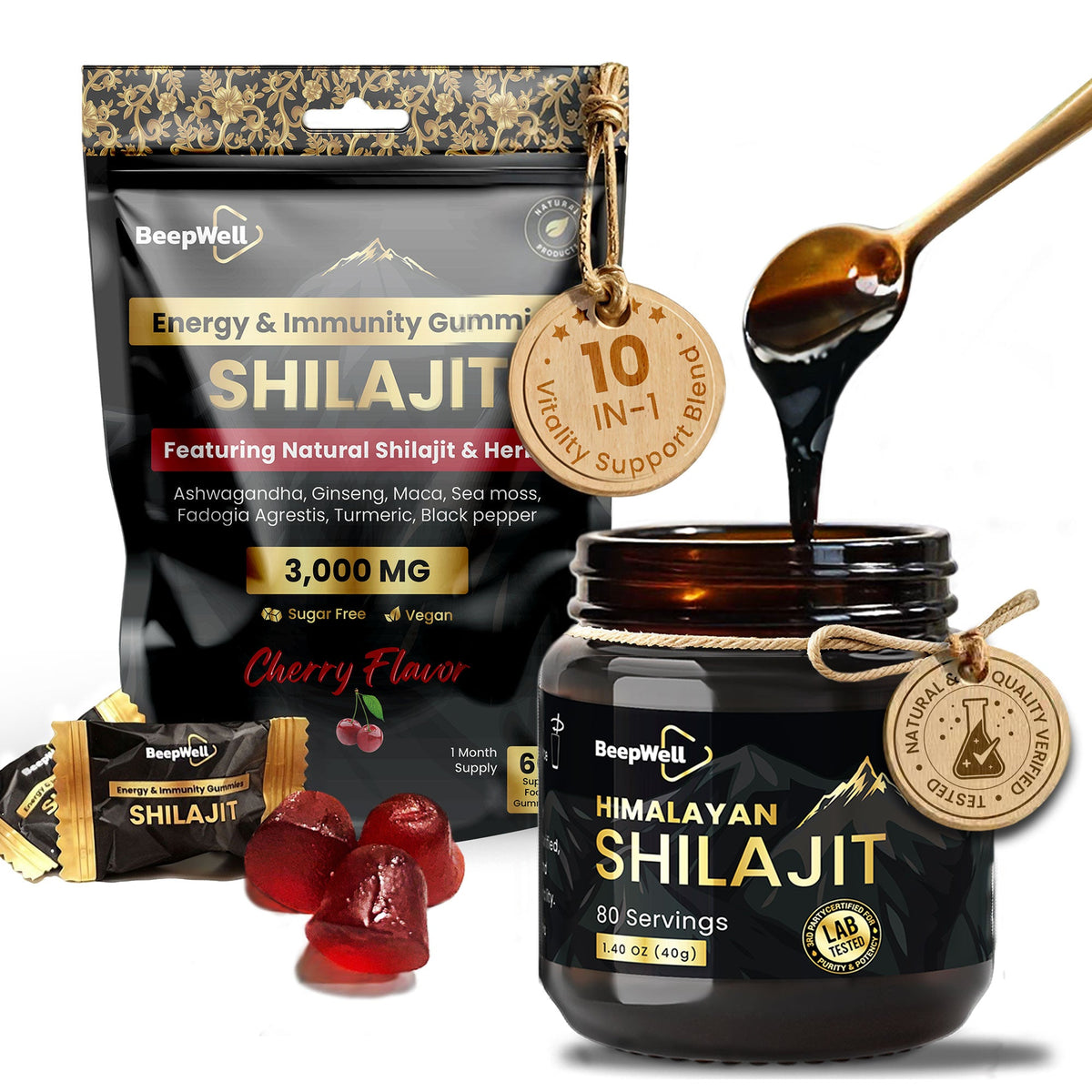 BeepWell Shilajit simple resin and gummies with Ashwagandha, vegan, no added sugar, displayed with resin jar and gummies bottle.