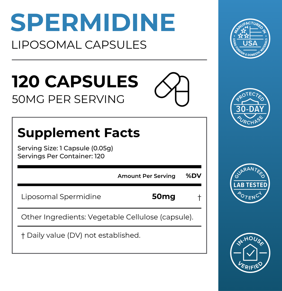 Liposomal Spermidine capsules from Neurogan Health, supplement facts label showing dietary vitamins and supplement details.
