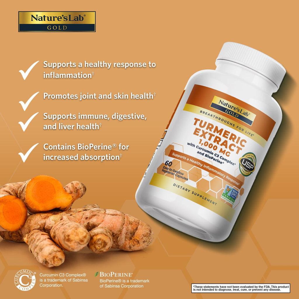 Nature's Lab Gold Turmeric Extract herbal supplement capsules with curcumin C3 and BioPerine, shown in a bottle with capsules.