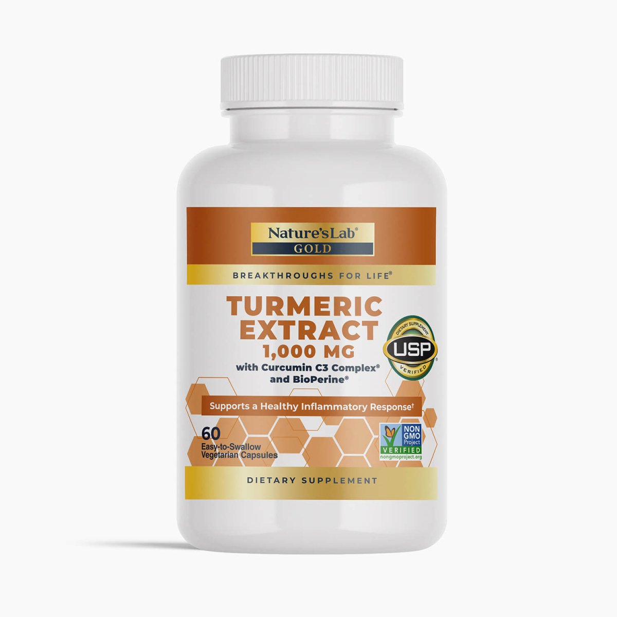 Nature's Lab Gold Turmeric Extract herbal supplement with curcumin and BioPerine in a 60-capsule bottle, front view of the packaging.