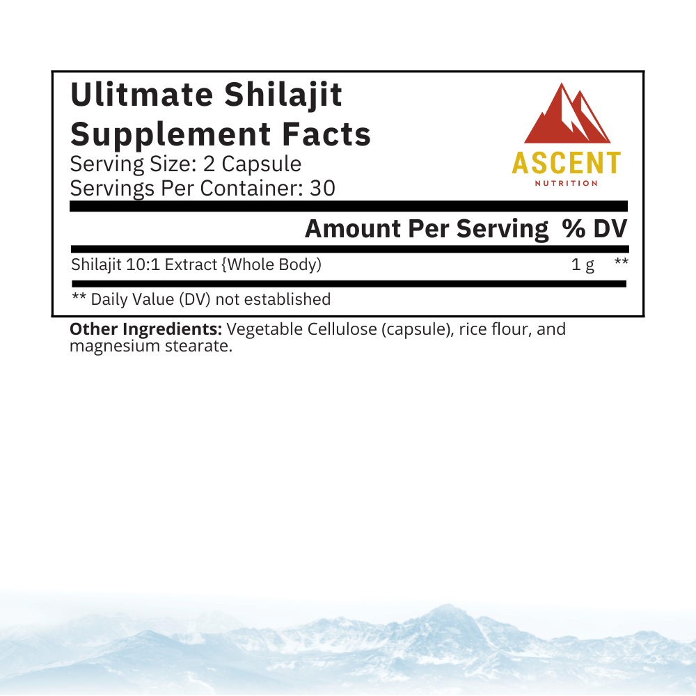 Container of Ascent Nutrition Ultimate Shilajit supplements with 60 capsules, each containing 1 gram of shilajit extract.
