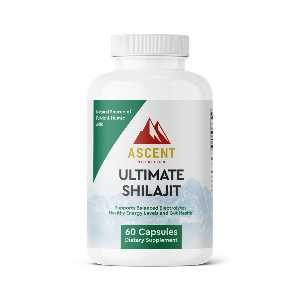 Bottle of Ascent Nutrition Ultimate Shilajit capsules with 60 capsules displayed on a neutral background.