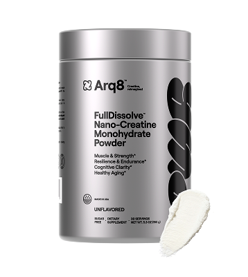 Container of Arq8™ Creatine Monohydrate Powder with scoop, showing the white powder inside, designed for muscle performance.