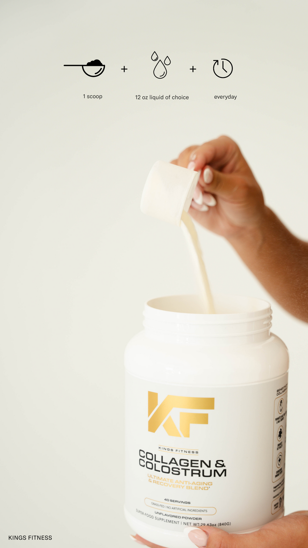 Illustration of directions for Kings Fitness Collagen and Colostrum Anti-Aging and Recovery supplement supplement.