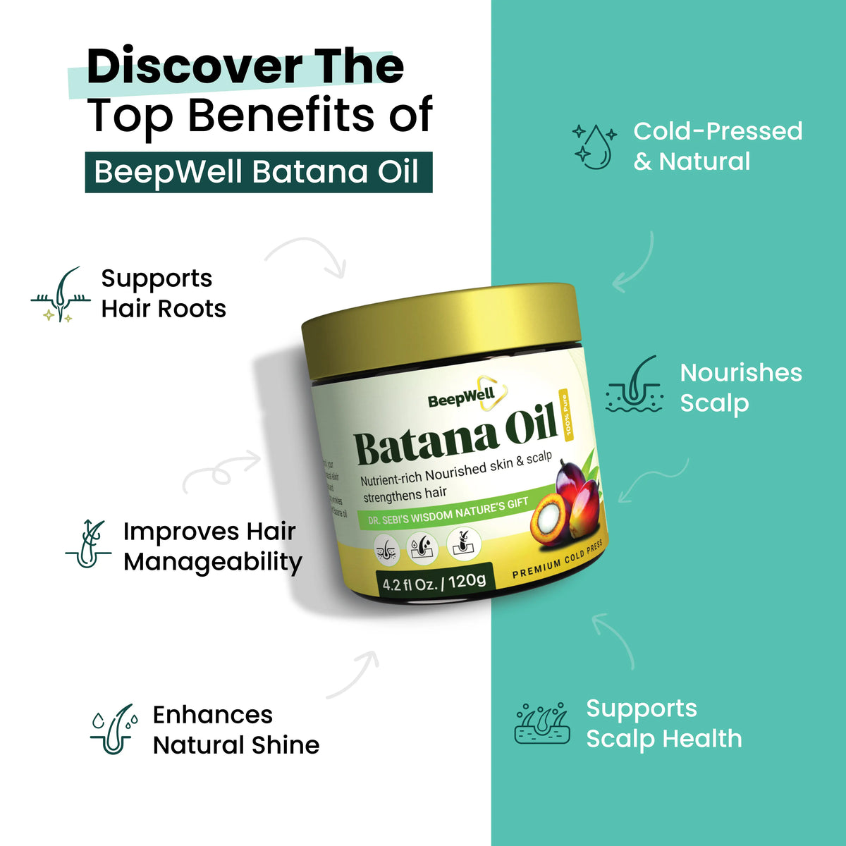 BeepWell Natural Batana Oil from Honduras, 4.2 fl oz, for hair and scalp nourishment, unrefined formula for healthy, hydrated hair.