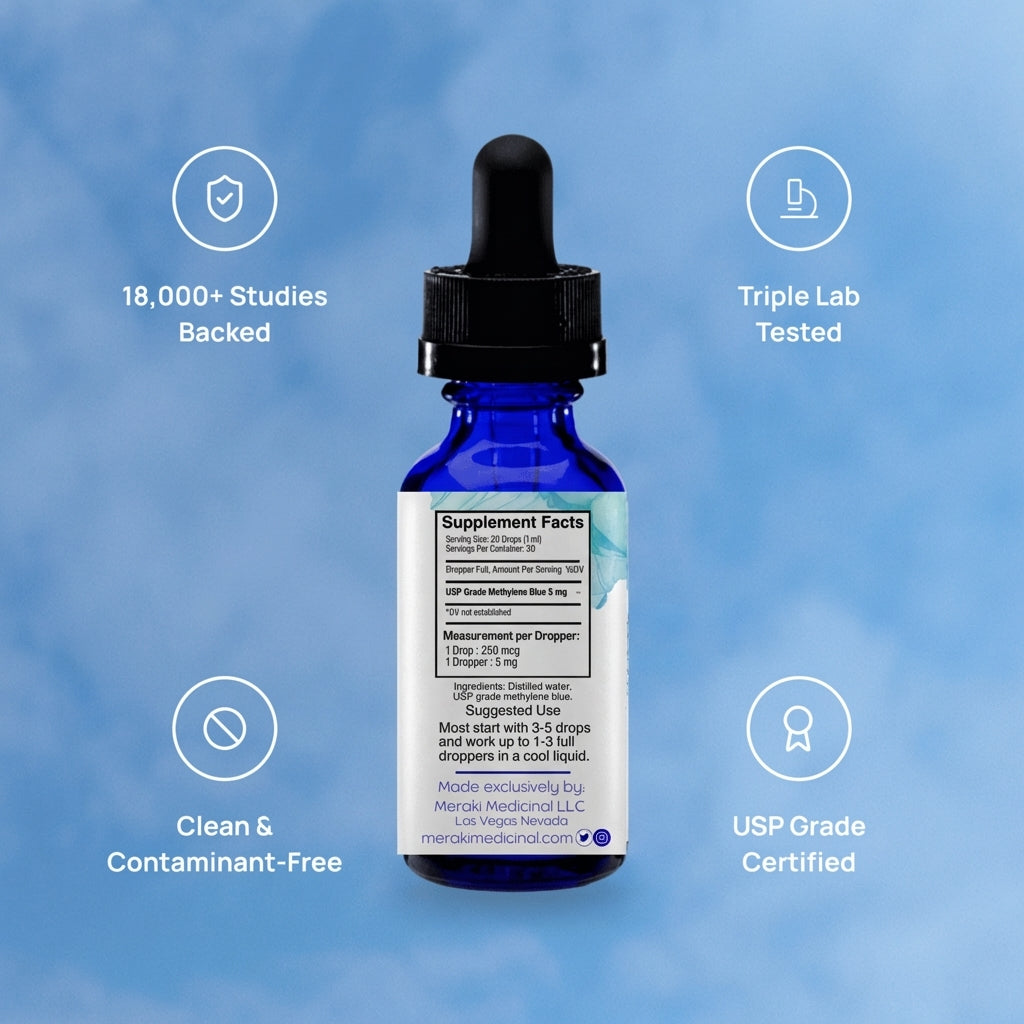 Meraki Medicinal Methylene Blue USP Grade 150mg in clear bottle with label showing product details and branding.