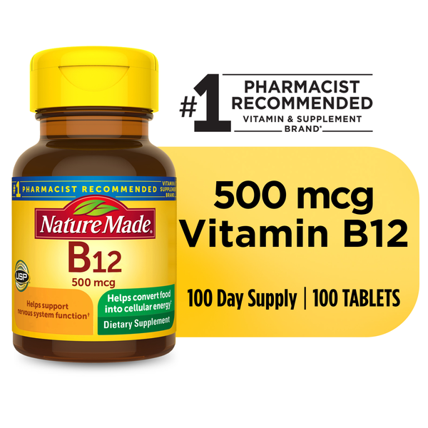 Nature Made Vitamin B12 500 mcg tablets in blister pack, showing the white tablets and packaging.
