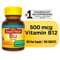 Nature Made Vitamin B12 500 mcg tablets in blister pack, showing the white tablets and packaging.