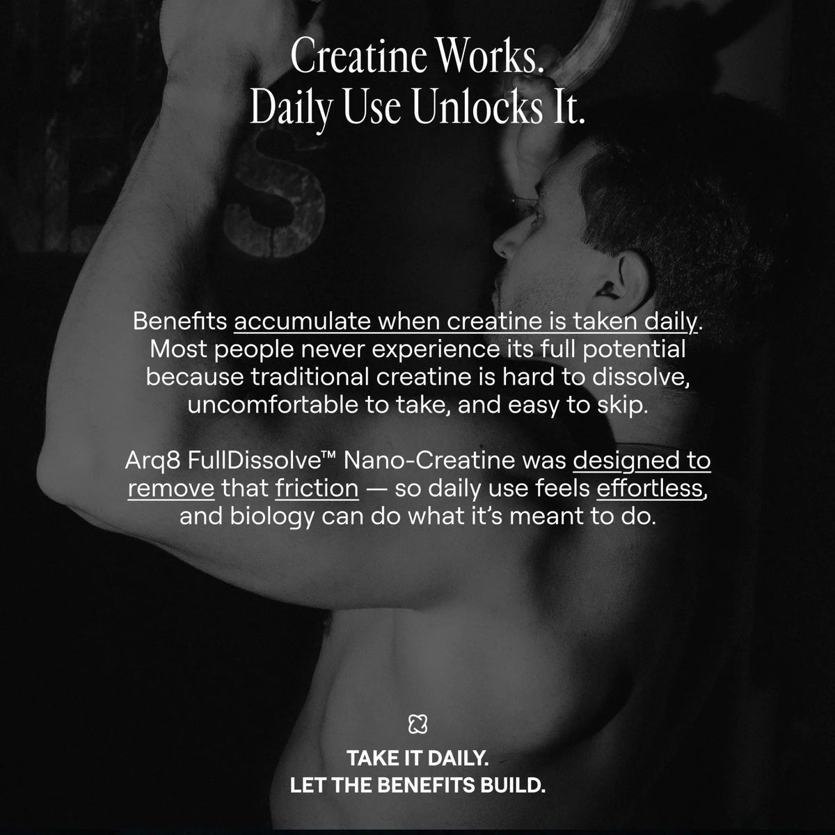 Arq8™ Creatine Monohydrate Powder in a clear container, showing white powder for muscle support and athletic performance.