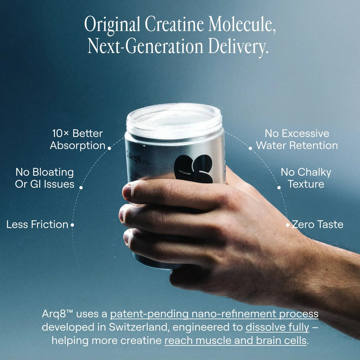 Arq8™ Creatine Monohydrate Powder in a clear container, showing white powder inside, for muscle strength and athletic performance.