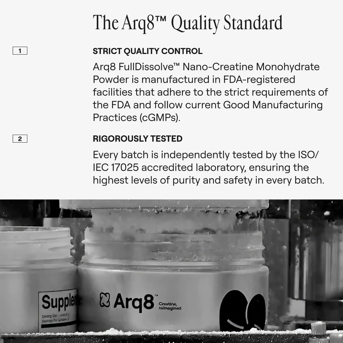 Arq8 Creatine Monohydrate powder in a clear container, showing fine white supplement powder on a neutral background