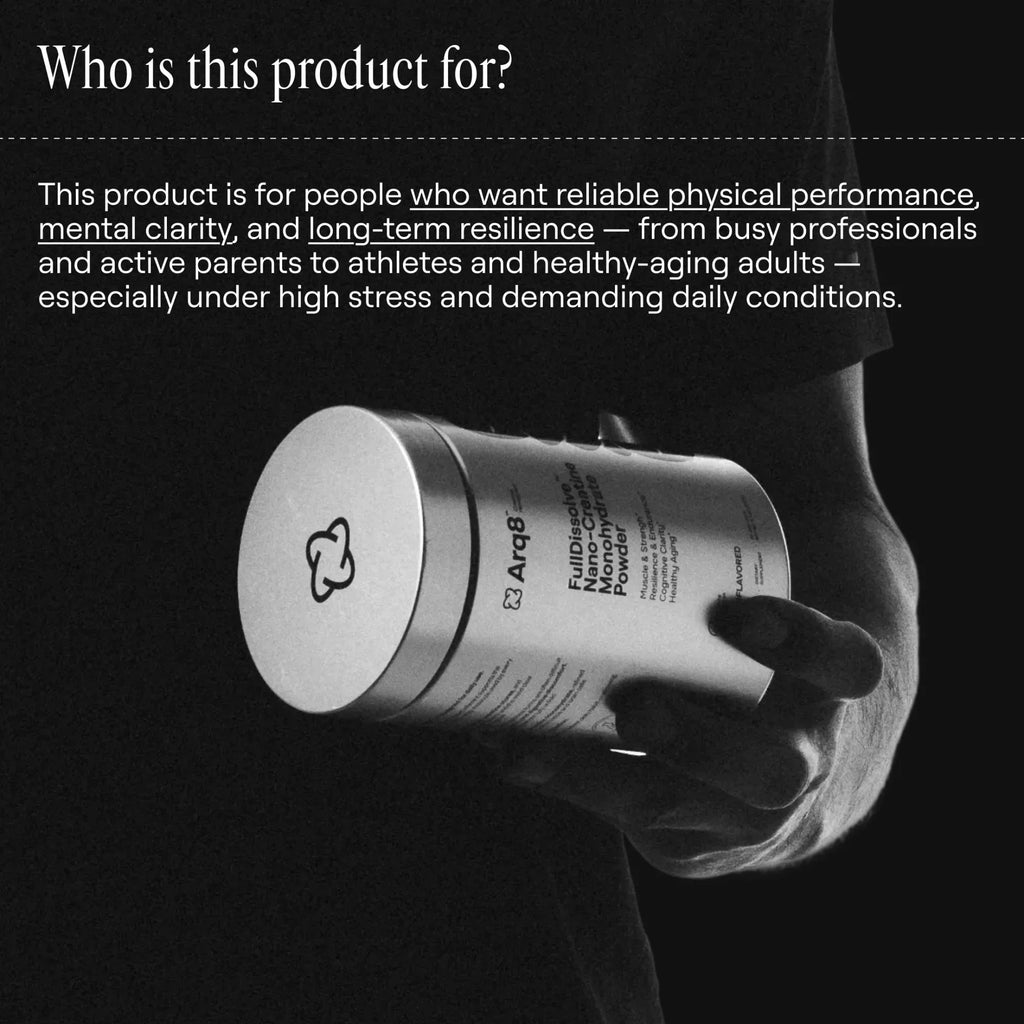 Arq8™ Creatine Monohydrate Powder in a clear container with a scoop, showing fine white powder for muscle support and athletic performance.