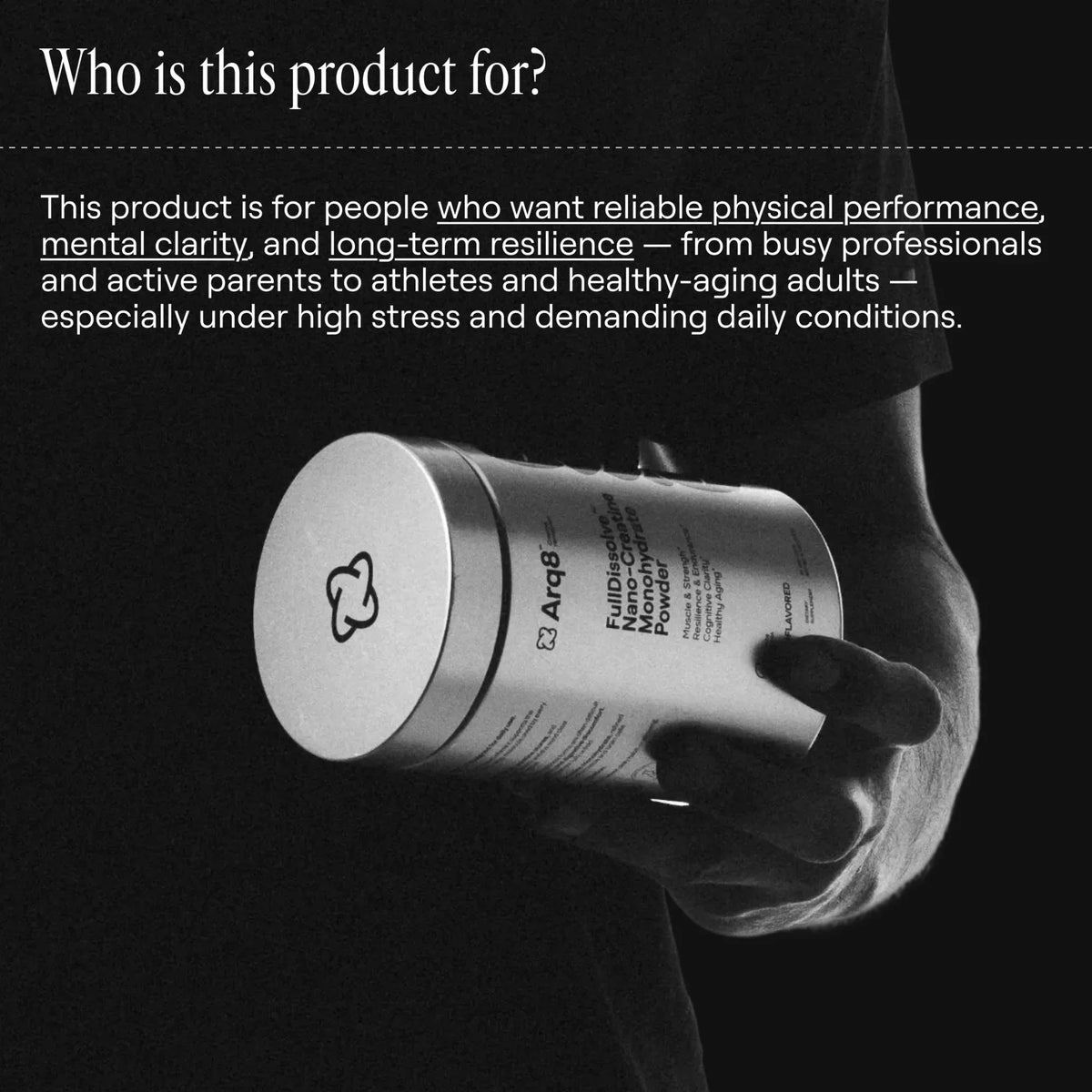 Arq8™ Creatine Monohydrate Powder in a clear container with a scoop, showing fine white powder for muscle support and athletic performance.